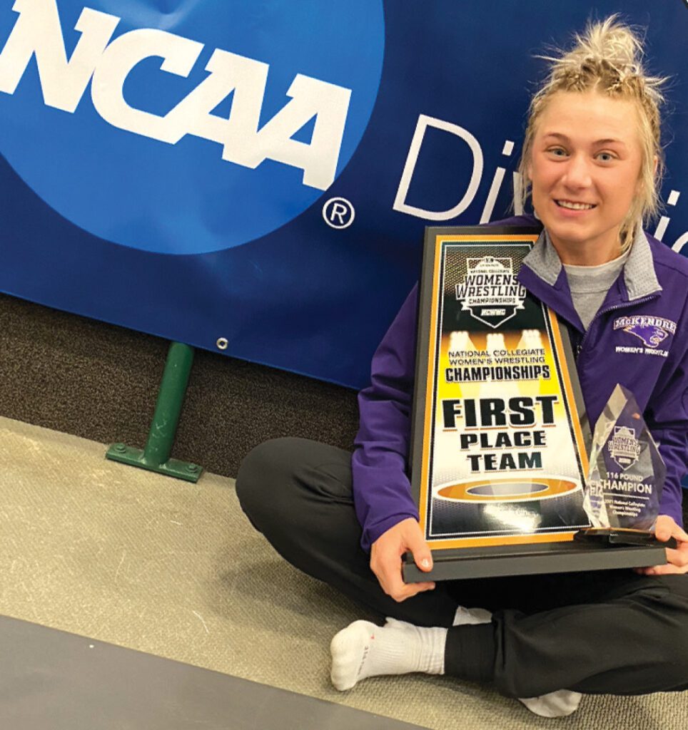 In 2021, Felicity Taylor became the first Iowa woman to win a national individual championship (116 pounds). Her win also helped McKendree University to a first-place team title. / Photo courtesy Felicity Taylor