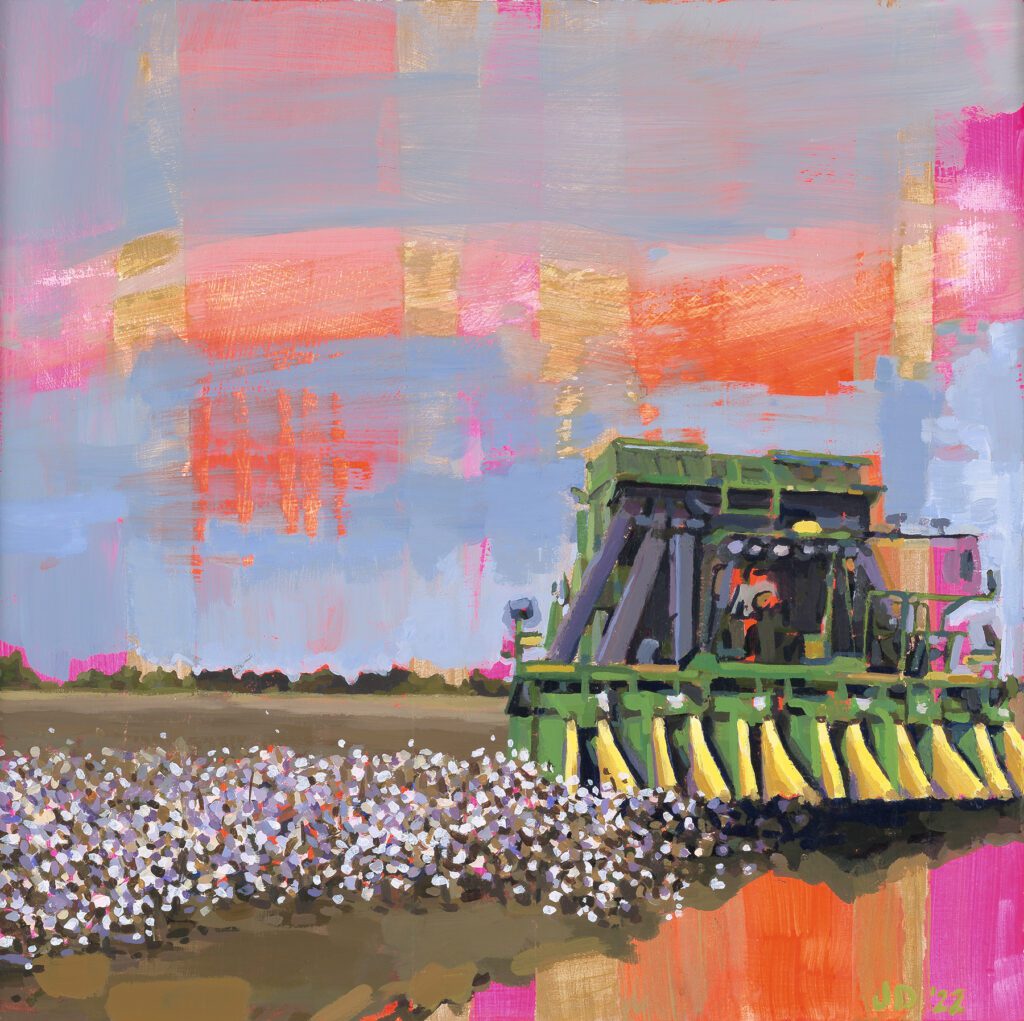 colorful painting of a combine in a field